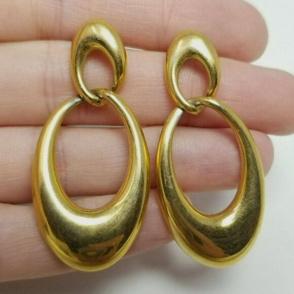Vintage Napier Gold Tone Door Knocker Dangle Hoop Earrings, Signed Estate - Picture 1 of 7